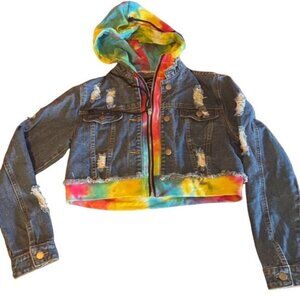American Bazi Hooded Denim women Jacket With‎ Tie-Dye Trim cropped distressed